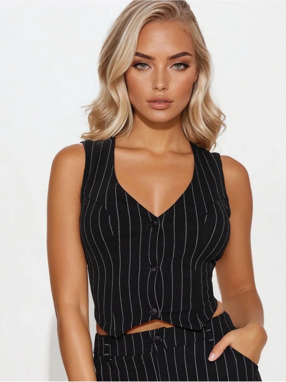 Fashion Nova Julia Black Pinstripe Corset Vest Lace Up Back Size L